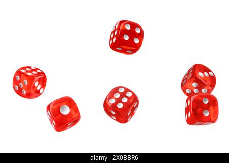 Six red dice in air on white background Stock Photo