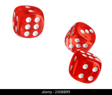 Three red dice in air on white background Stock Photo