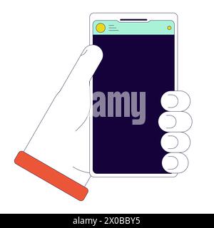 Holding smartphone linear cartoon character hand illustration Stock Vector