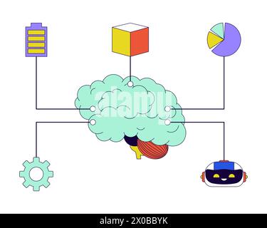 Digital brain machine learning 2D linear cartoon object Stock Vector