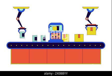 Factory assembly line boxes 2D linear cartoon object Stock Vector