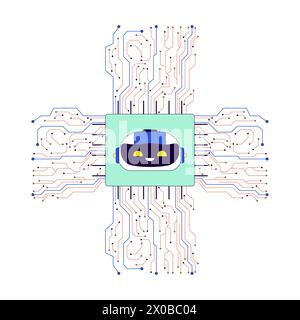 AI microchip cpu 2D linear cartoon object Stock Vector