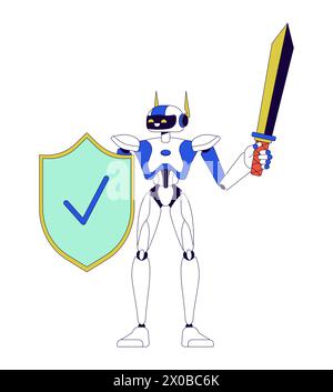 Robot with shield and sword 2D linear cartoon character Stock Vector