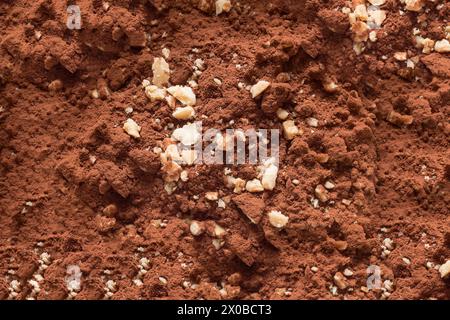 A textured landscape of finely ground cocoa powder adorned with crushed nuts.  The crushed nuts are light-colored and contrast well against the dark b Stock Photo