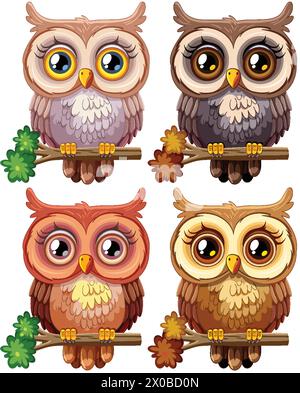 Four cute owls with big eyes perched on branches. Stock Vector
