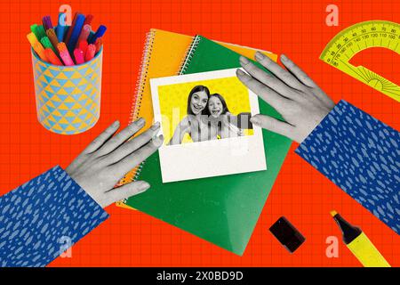 3D photo collage trend artwork composite image of silhouette black white huge hands hold shoot mom daughter make selfie smile happy Stock Photo