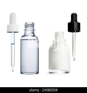 Liquid cosmetic serum bottle. Essential oil dropper bottle, isolated vector design. Realistic collagen treatment package blank, transparent. Eyedroppe Stock Vector
