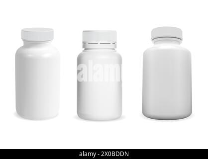 Medicine pill bottle blank. White supplement jar template illustration. Vitamin tablet container design. Realistic pharmaceutical medicament can mocku Stock Vector