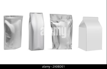 Food bag template. Coffee foil sachet mock up design, isolated on white. Snack chip packaging mockup, zipper closed. Plastic candy pouch blank illustr Stock Vector