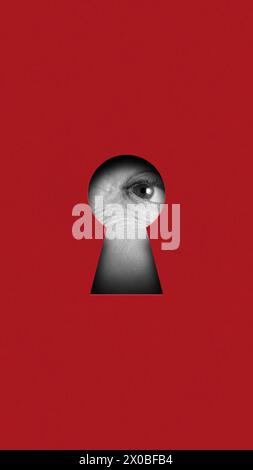 Exploring the mysteries of existence. Senior woman eye looking into keyhole on red background. Contemporary art collage. Stock Photo