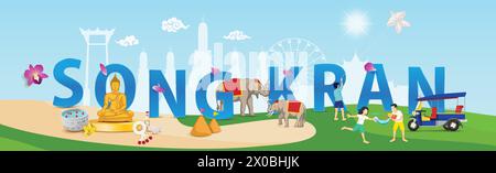 Songkran festival typographic design with Thailand cultural decoration element set in panoramic banner background, vector illustration Stock Vector