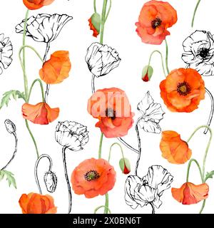 Hand drawn watercolor botanical illustration flowers leaves. Red poppy papaver, stems buds seedpods. Seamless pattern isolated white background Stock Photo