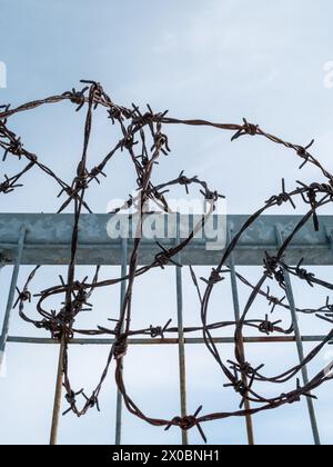 rusty old barbed wire on fence Stock Photo
