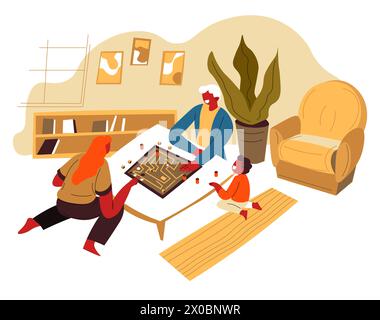 Family playing board game, evening fun at home Stock Vector