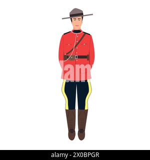 Canadian policeman in traditional uniform - scarlet tunic and breeches. Full length portrait of royal Canadian mounted police person. Cartoon vector Stock Vector