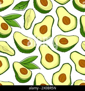 Avocado ripe fruit and seeds and leaves pattern Stock Vector