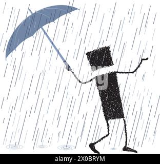 Illustration of a stick figure walking in the rain with an umbrella. He is happy... singing in the rain. Stock Vector