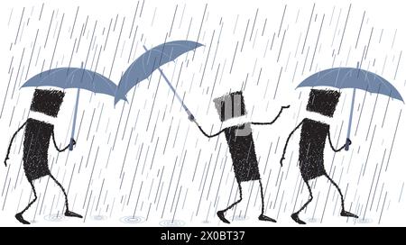 Illustration of various people walking. All are protected from the rain with an umbrella, but one ... He is happy, singing in the rain. Stock Vector