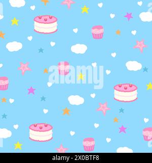 Illustration of cupcake, cake, cloud, star, heart on a blue background for cafe, restaurant, sweet dessert, menu, baking, fabric, pattern, gift wrap Stock Vector
