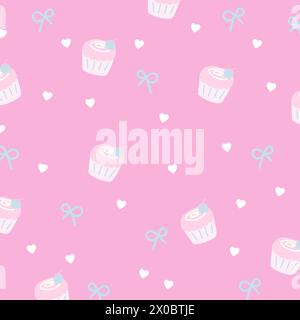 Vector illustration of cupcake, blue ribbon and heart on a pastel pink background for birthday party, wallpaper, sweet dessert, gift wrap, card print Stock Vector