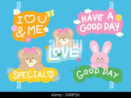 Cute badge designs of I heart YOU and ME, Have a Good Day, Specials, Love, Good Day, with Teddy Bear and Bunny for patches, brooch, animal stickers Stock Vector