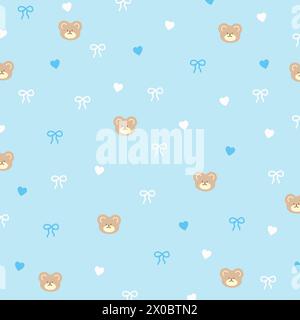 Vector illustration of teddy bear, ribbon and heart on a pastel blue background for cartoon wallpaper, kid clothes, fabric print, pattern, gift wrap Stock Vector