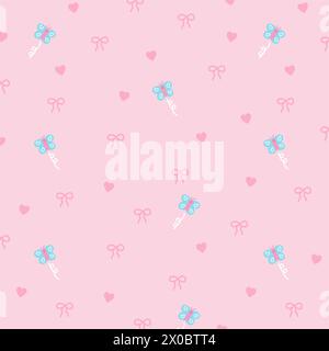 Illustration of butterfly, ribbon, heart on a pastel pink background for cute pattern, fabric print, wallpaper, kid clothes, picnic, spring, summer Stock Vector
