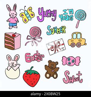 Hand drawn elements of bunny, butterfly, cake, lollipop candy, car, love letter, bunny, strawberry, teddy bear for cartoon, character, summer, icon Stock Vector