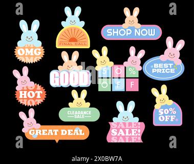Bunny sale icons such as 50% off, shop now, best price, hot, great deal for online shopping, easter promotion, card, print, discount badges, marketing Stock Vector