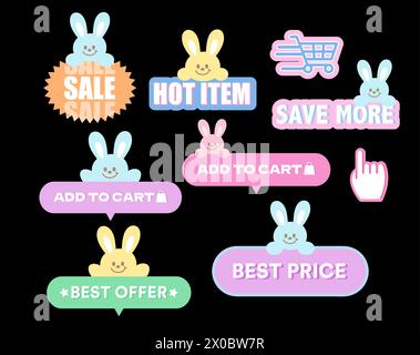 Bunny sale icons such as hot item, save more, add to cart, best price for online shopping, easter promotion, card, print, discount badges, marketing Stock Vector