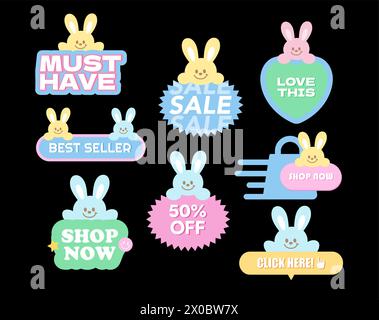 Bunny sale icons such as must have, shop now, love this, 50% off, best seller for online shopping, easter promotion, card, print, discount badges Stock Vector