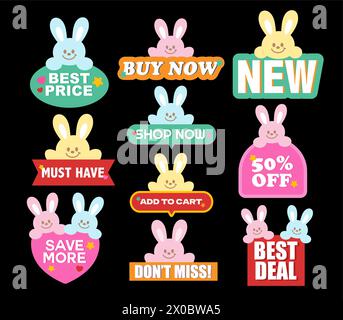 Bunny sale icons such as best price, buy now, new, must have, add to cart, 50% off for online shopping, easter promotion, card, print, discount badges Stock Vector