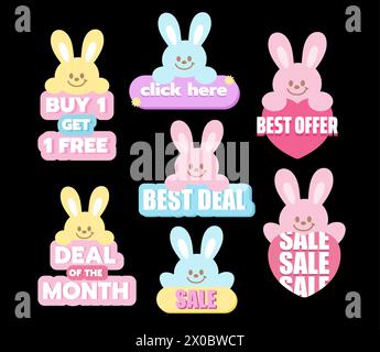 Bunny sale icons such as buy 1 free 1, click here, best offer, best deal, deal of the month for online shopping, easter promotion, print, discount, ad Stock Vector