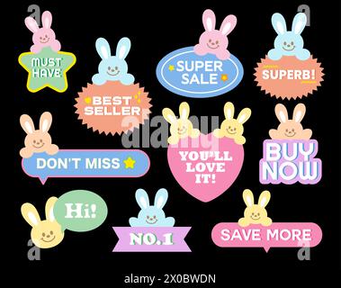 Bunny sale icons such as must have, best seller, super sale, superb, don't miss, love it for online shopping, easter promotion, print, discount, ad Stock Vector