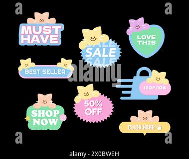 Cat sale icons such as must have, best seller, love this, shop now, 50 percent off, click here for online shopping, promotion, print, discount, ads Stock Vector