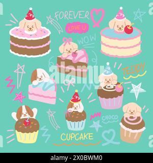 Illustration of puppy with cake and cupcake for birthday party, pet food, snack, sweet dessert, animals, pet, vet, pet shop, cafe, restaurant, menu Stock Vector