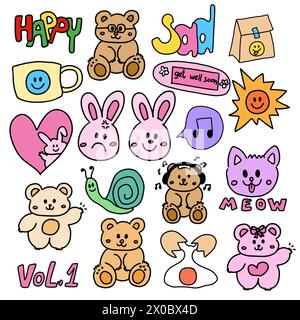 Hand drawn elements of teddy bear, bunny, snail, cat, sun, snack bag, egg, melody, happy and sad letters for cartoon, character, animals, summer, kids Stock Vector