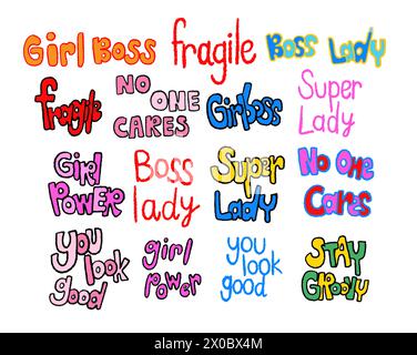 Hand drawn empowering words such as girl boss, super lady, stay groovy, girl power, fragile, no one cares, boss lady for feminist, stickers, icons Stock Vector