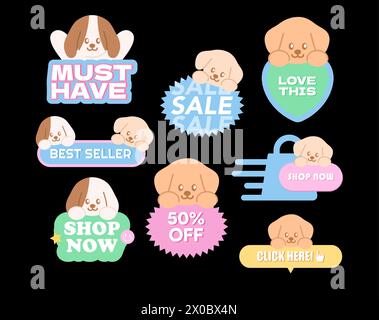 Puppy sale icons such as must have, best seller, love this, shop now, 50 percent off, click here for online shopping, promotion, print, discount, ads Stock Vector