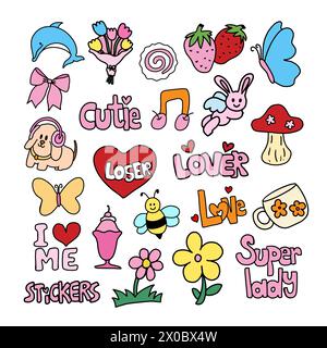 Hand drawn elements of dolphin, pink ribbon, butterfly, strawberry, bunny, mushroom, dog, flowers, ice cream for cartoon, character, summer, kid, icon Stock Vector