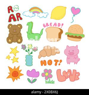 Hand drawn elements of teddy bear, dinosaur, bread, burger, pig, croissant, sun, flower, lemon, rainbow for cartoon, character, summer, kid, icon Stock Vector