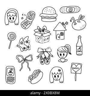 Hand drawn outlines of burger, orange juice, flip phone, lollipop, butterfly, ribbon, hotdog, heart candy, girls, ballerina shoes for colouring book Stock Vector