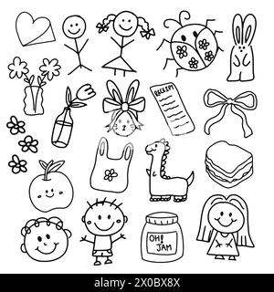 Outlines of hand drawn cute elements such as flower vase, ladybug, children, sandwich, ribbon, apple, dinosaur, jam, heart, bunny for colouring book Stock Vector