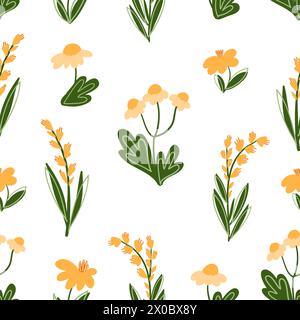 Seamless vector pattern with handdrawn spring wild yellow chamomile flowers and green herbs isolated on white background. Summer meadow floral cartoon Stock Vector