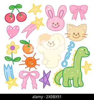 Cute doodle illustrations of rabbit, cat, puppy, dinosaur, cherry, orange, pink ribbon, shooting star, flower and heart Stock Vector