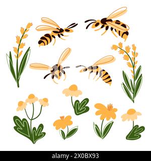 Cartoon set of hornet or wasp and flowers for design. Wasp from the back, in front, side view. Hand drawn colored trendy vector illustration. Stock Vector