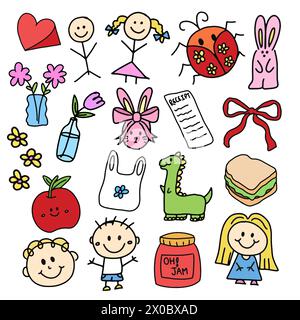 Illustration of kid drawing style of rabbit, dinosaur, ladybug, sandwich, jam jar, flowers, vase, apple, heart, shopping receipt, ribbon and children Stock Vector