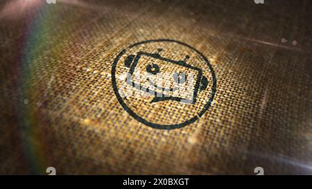 Chatbot ai bot stamp printed on linen sack. Artificial intelligence support robot symbol concept. Stock Photo