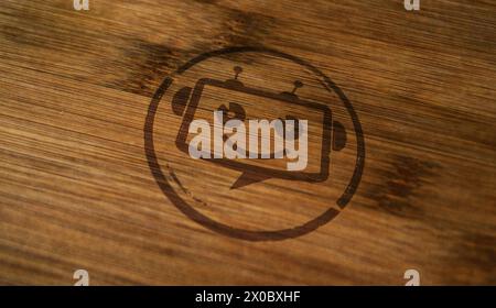 Chatbot ai bot stamp printed on wooden box. Artificial intelligence support robot symbol concept. Stock Photo