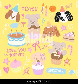 Illustrations of puppy and birthday party elements such as cake, party hat, cupcake, candles for birthday card, wallpaper, background, animal sticker Stock Vector